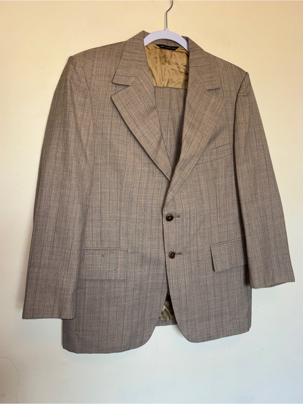 Vtg 70s Retro Botany 500 Suit 2 Piece Tan Plaid Blue Pinstripe Wool Grandpacore